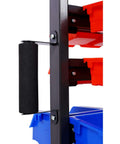 Side view of Six-Tier Dual-Sided Storage Organizer Rolling Bin Rack With Sixty Plastic Bins, showing close-up of steel frame and handle.