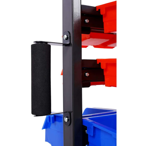 Side view of Six-Tier Dual-Sided Storage Organizer Rolling Bin Rack With Sixty Plastic Bins, showing close-up of steel frame and handle.