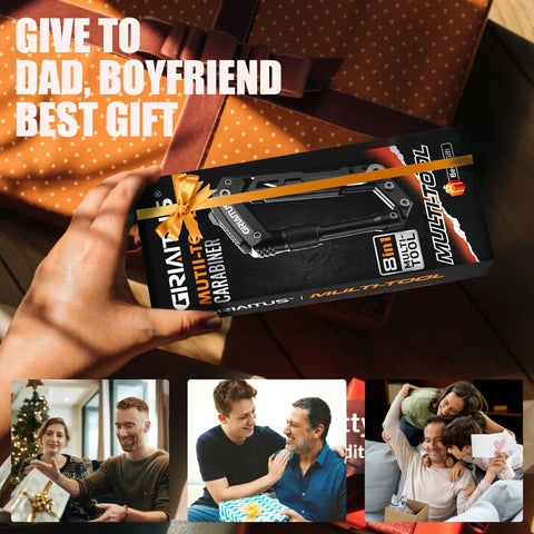 Gift box with 8 In 1 Heavy Duty Carabiner Multitool EDC Pocket Knife Serrated Knife Rope Cutter Screwdriver Can Opener Bottle Opener Ruler