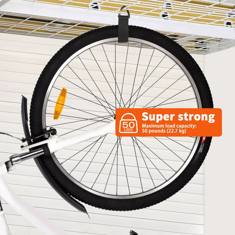 Bicycle wheel suspended by Eight Piece Heavy Duty Cable Organizer Set For Garage And Workshop Storage With Durable Straps Holds Cables Hoses And Ropes Triangle Buckle For Easy Hanging Design Patent Ideal For Organizing Extension Cords And Cables In Garages Sheds Boats And RVs. Features "super strong" 50 lb capacity label.
