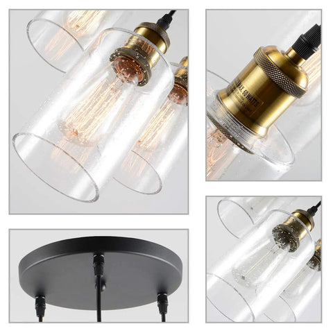 Three Light Black Pendant Light With Seeded Glass Shades showing close-up of glass and gold socket details