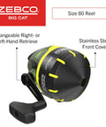 Big Cat Spincast Reel And 7 Foot Two Piece Rod Combo With Dial Adjustable Magnum Drag Pre Spooled 25 Pound Hi Vis Line Size 80 Reel Forest Green For Catfish And Heavy Freshwater Fishing fishing reel close-up with stainless steel front cover and changeable handle