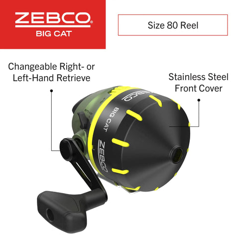 Big Cat Spincast Reel And 7 Foot Two Piece Rod Combo With Dial Adjustable Magnum Drag Pre Spooled 25 Pound Hi Vis Line Size 80 Reel Forest Green For Catfish And Heavy Freshwater Fishing fishing reel close-up with stainless steel front cover and changeable handle