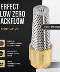 1 Inch Brass Foot Valve No Lead Heavy Duty Workhorse Backflow Preventer With Female Connection Keeps Pressure Up And Prevents Backflow Works With Any Pump Or Brand Ideal For Ponds Wells Tanks And Irrigation Systems, showing brass body and mesh strainer