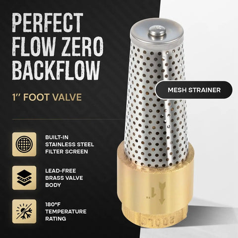 1 Inch Brass Foot Valve No Lead Heavy Duty Workhorse Backflow Preventer With Female Connection Keeps Pressure Up And Prevents Backflow Works With Any Pump Or Brand Ideal For Ponds Wells Tanks And Irrigation Systems, showing brass body and mesh strainer