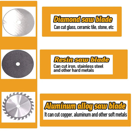 Diamond, resin, and aluminum alloy saw blades for Compact 4 Inch Mini Table Saw For DIY Hobbyists Portable Cutting Tool With Three Blades Ideal For Wood Model Making Craft Projects And Small Cuts In Metal Ceramic Tile And Glass Not For Steel Or Iron Stepless Speed Control.