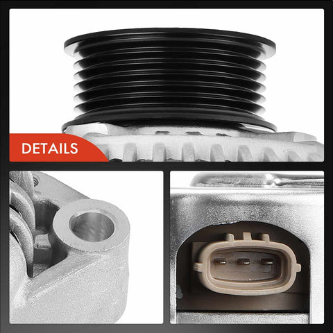 Close-up of pulley and connector for Alternator For Toyota Supra 1993 1998 L6 3.0L And Lexus SC300 1995 L6 3.0L 12V 100A CW 6 Groove Pulley Direct Fit Replacement With OE Style Mounting Reliable Beefed Up Drop In Upgrade.