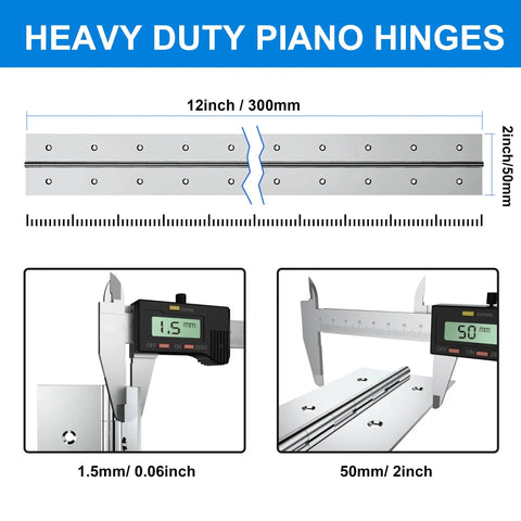 Two Piece Heavy Duty Piano Hinge Set Stainless Steel Continuous Hinges 10 Inch By 2 Inch 0 060 Thick Leaf For Cabinets And Heavy Doors Silver Finish measuring 12x2 inches with calipers.
