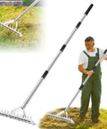 62 Inch Thatch Rake With Adjustable Long Handle, 15 Inch Wide Lawn Thatching Rake in use on grass, showing double sided tines.
