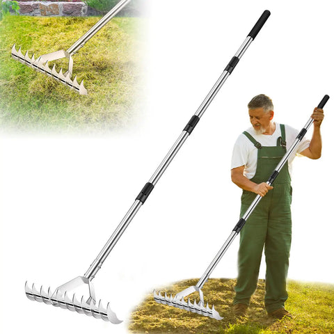 62 Inch Thatch Rake With Adjustable Long Handle, 15 Inch Wide Lawn Thatching Rake in use on grass, showing double sided tines.