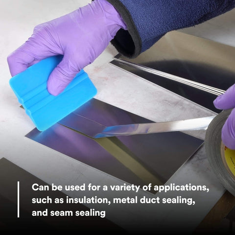 Applying 3M Aluminum Foil Tape 1521CW with scraper, showing cold weather adhesive features for duct sealing and insulation.
