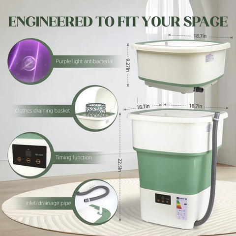 Slick Heavy Duty Portable Washing Machine With Fast Spin Basket, 1.8 Cu Ft Foldable Compact Washer For Small Apartments showing features like clothes draining basket and timing function.