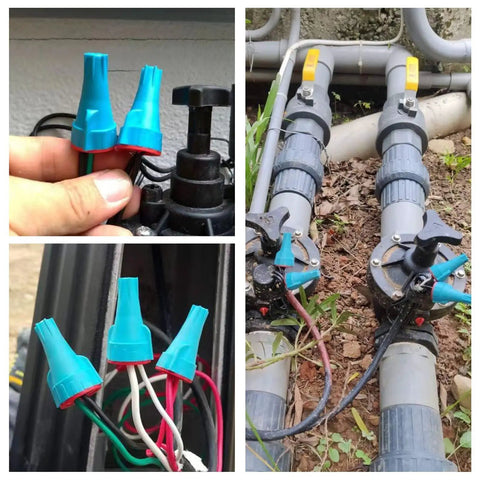 Collage of Waterproof Landscape Wire Connectors For 20 To 10 AWG 25 Pack UL Listed Weatherproof Wire Nuts used outdoors