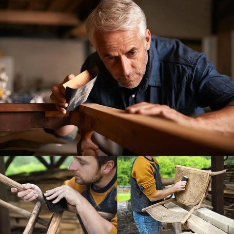 Man using Waterproof Dry And Wet Sandpaper Sheets Set 9x3.6 Inch 5 Piece Dust Free With Quick Heat Dissipation on wooden furniture