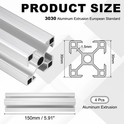 Diagram showing Four Pack Of 150mm 3030 Aluminum Extrusion Profiles European Standard Anodized for 3D Printers and CNC Machines
