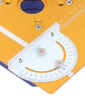 Rock Solid Adjustable Electric Router Lift System With Inverted Lifting Base For Router Tables angle view of the precision scale and adjustments