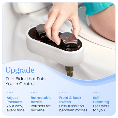 Close-up view of control panel on No Electric Bidet Attachment For Toilet Seat Fits Most Standard Elongated Seats With Self Cleaning Dual Nozzles