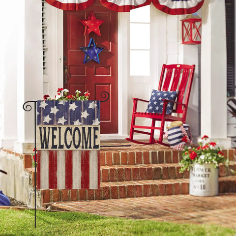 Patriotic 4th Of July Garden Flag 12x18 double sided on porch with welcome sign and stars and stripes decor.