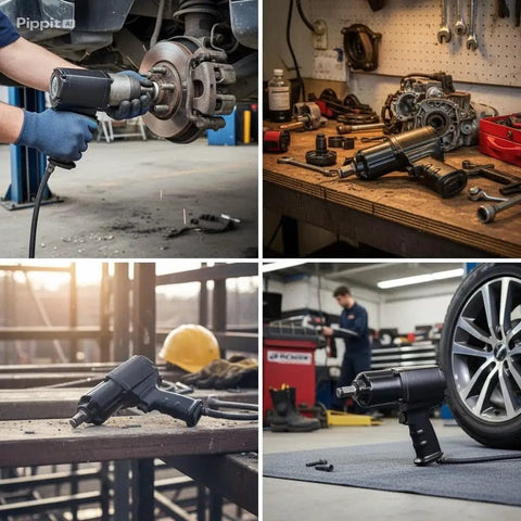 Heavy Duty Three Quarter Inch Air Impact Wrench Built On A Knockout Twin Hammer Frame Pumpin A Massive 1000 Ft Lbs Mean Torque At 900 Bpm, in use during a wheel repair.