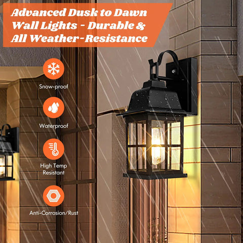 Two Pack Dusk To Dawn Outdoor Wall Lights With Photocell Sensor Waterproof Black Aluminum Sconces in use during rain