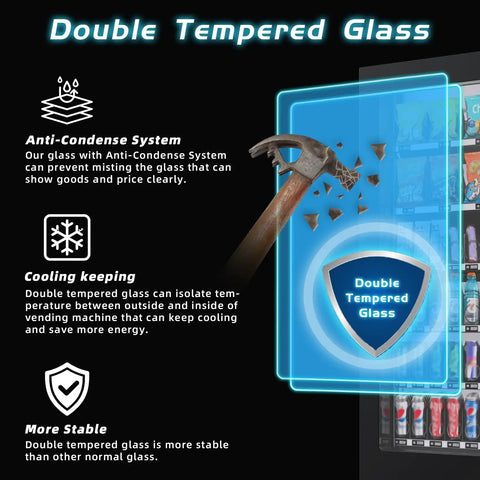 Illustration of anti-condense, cooling, and stability features of vending machine's double tempered glass.