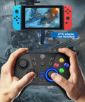 Hands holding 2.4G Wireless Gaming Controller for Windows PC Steam Deck PS3, gamepad with screen in background