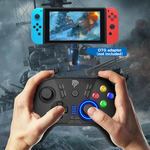 Hands holding 2.4G Wireless Gaming Controller for Windows PC Steam Deck PS3, gamepad with screen in background
