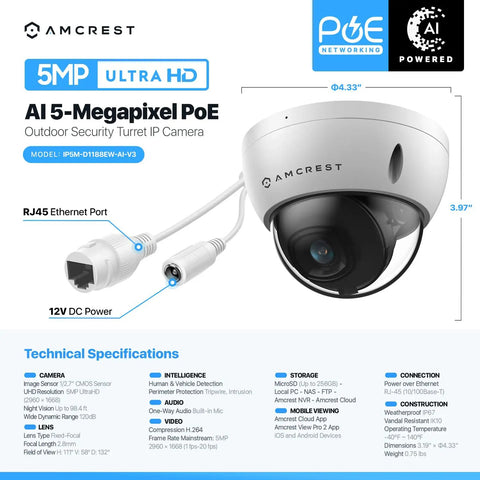 5MP PoE Outdoor Security Camera With Vandal Dome Ultra Clear Night Vision 132 Degree Wide View IP67 Weatherproof IK10