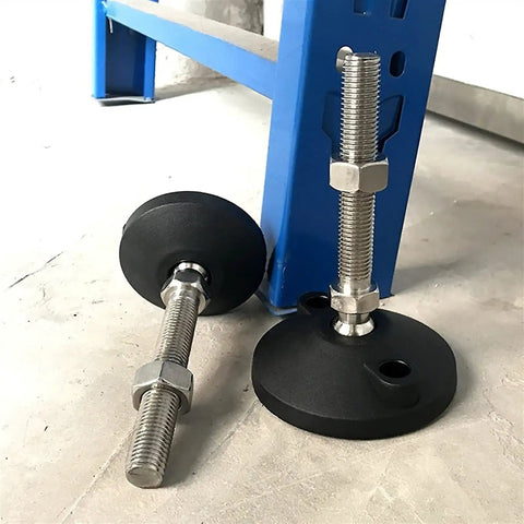 Built Tough M16 Swivel Leveling Feet For Furniture And Home Gear includes black adjustable pads on a metal frame.