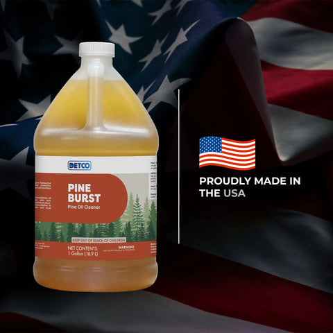 Top Shelf Pine Burst Multi Surface Cleaner in 1-gallon container, effective on kitchen grease and deodorizing fabric upholstery.