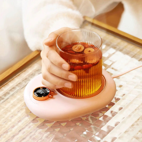 Portable Electric Heating Coaster For Coffee And Tea, 75 Degree Cup Warmer Plate with heated tea in stylish glass.