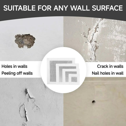 Image of 19 Piece Wall Repair Patch Kit With Aluminum Self Adhesive Patches For Small To Large Holes applied on cracked wall surfaces.