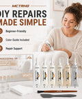 No Sweat Professional Leather And Vinyl Repair Kit For Seamlessly Blending White Cream And Light Gray Color Shades Onto Sofas Home Couches Car Boat And Bags with tools and color guide.