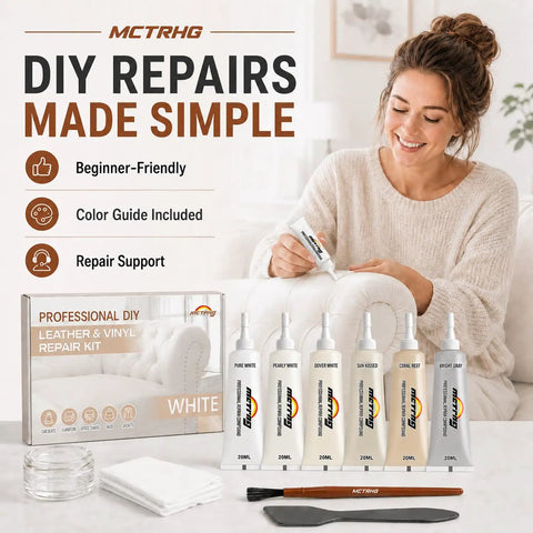 No Sweat Professional Leather And Vinyl Repair Kit For Seamlessly Blending White Cream And Light Gray Color Shades Onto Sofas Home Couches Car Boat And Bags with tools and color guide.