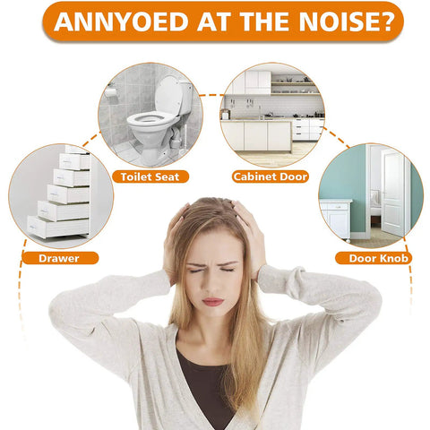 Woman covering ears due to noise with images of noisy furniture and No Slip Furniture Pads 4x6 Inch Black Rubber Pads 2 Pack Self Adhesive Anti Skid Stick On Cushions For Furniture And Appliances Eco Friendly Silicone Backing Prevent Scratches And Sliding.