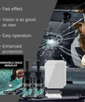 Premium Windshield Crack Repair Kit For Quick Glass Fix with high transparency resin, tools and box, shown in front of cracked windshield