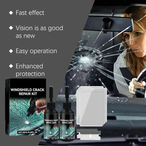 Premium Windshield Crack Repair Kit For Quick Glass Fix with high transparency resin, tools and box, shown in front of cracked windshield