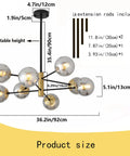 Diagram showing dimensions of Eight Light Glass Chandelier With E26 Base And Smoke Gray Lampshade Dope Mid Century Pendant Lighting
