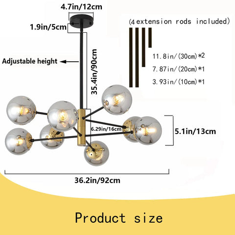 Diagram showing dimensions of Eight Light Glass Chandelier With E26 Base And Smoke Gray Lampshade Dope Mid Century Pendant Lighting