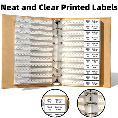 8400Pcs SMD Resistor Kit From 0 Ohm To 1M Ohm 1% Tolerance In 0805 1206 0603 0402 0201 Sizes neatly organized in a binder