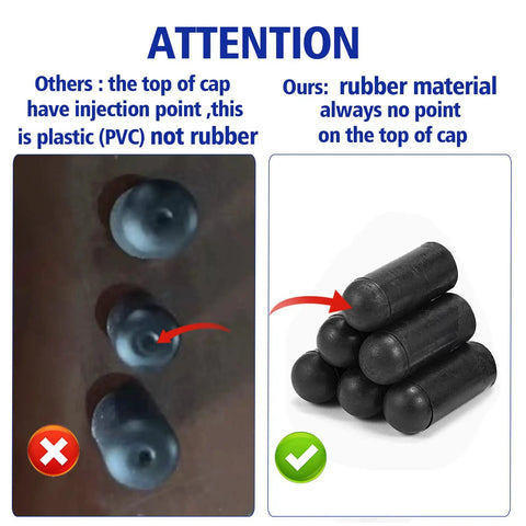 Comparison of caps, showing plastic vs rubber material in All In One Vacuum Caps Kit For Automotive Hoses And Vacuum Lines.