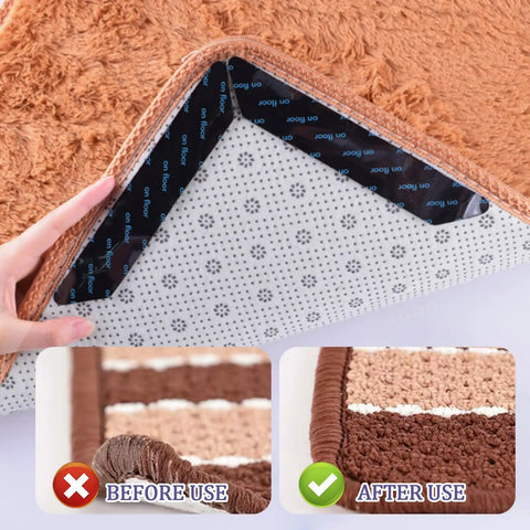 16 Piece Gripper Set For Rug Non Slip Rug Pads For Hardwood Floors shown with before and after grip application on rug corner.