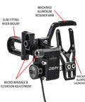 Close-up of Left Hand Cable Driven Drop Away Archery Rest with Micro Windage and Elevation Adjustment, machined aluminum parts visible
