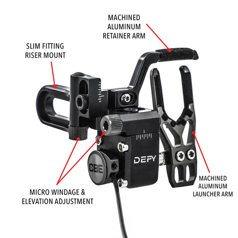 Close-up of Left Hand Cable Driven Drop Away Archery Rest with Micro Windage and Elevation Adjustment, machined aluminum parts visible