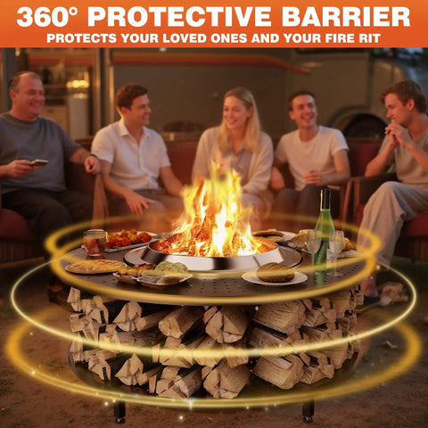 41 Inch Fire Pit Surround Tabletop with Wood Storage Shelf and Powder Coated Steel Surround at a social gathering outdoors.