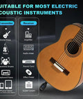 2.4GHz Wireless Guitar Transmitter And Receiver Set, shown with compatible electric and acoustic instruments.