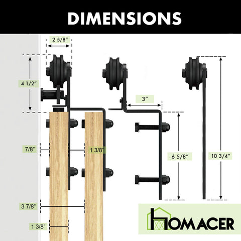 Dimensions of Black Rustic Single Track Bypass Barn Door Hardware Kit For Double Doors 36 Inch Wide By 84 Inch High with diagram.