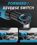 Cordless Ratchet Wrench Set With 16.8V Beefy Power 45 Ft Lbs Torque 550 RPM Dual Cooling Extended Run Time Heavy Duty Build Includes 2x 2Ah Batteries One Quarter Inch Adapter 3 Inch Extension Bar Variable Speed Electric Tool Kit In Blue, forward/reverse switch