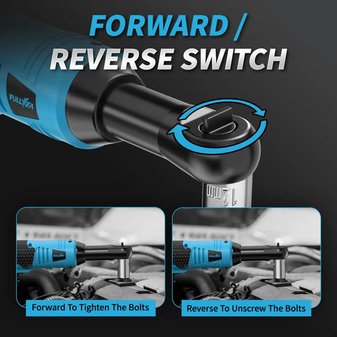 Cordless Ratchet Wrench Set With 16.8V Beefy Power 45 Ft Lbs Torque 550 RPM Dual Cooling Extended Run Time Heavy Duty Build Includes 2x 2Ah Batteries One Quarter Inch Adapter 3 Inch Extension Bar Variable Speed Electric Tool Kit In Blue, forward/reverse switch