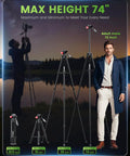 74 Inch Lightweight Camera Tripod For Mirrorless DSLR Phone And Camcorder Aluminum Stand next to adult male model outdoors.